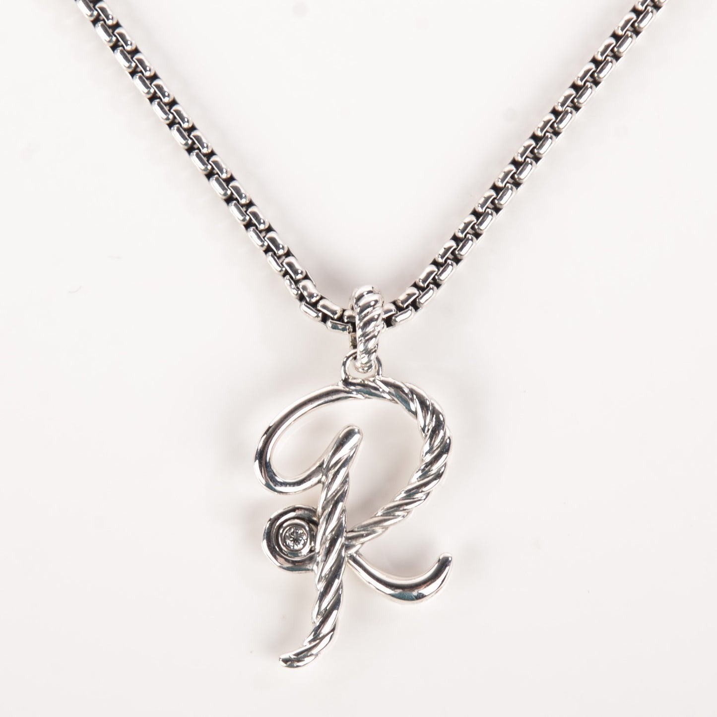 Sterling Silver Diamond 27mm Cable Collectibles Initial R Charm Necklace