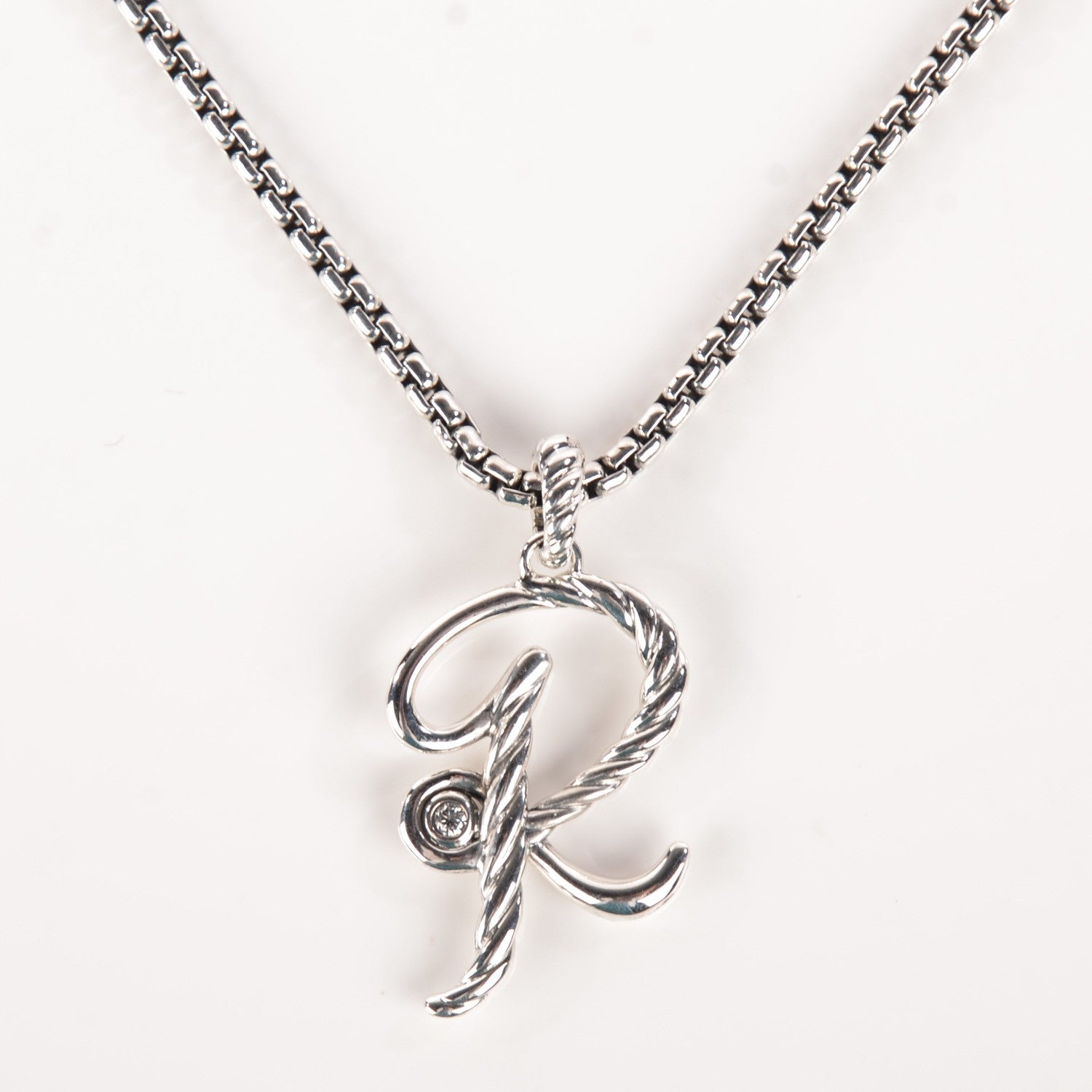 David Yurman Sterling Silver Diamond 27mm Cable Collectibles Initial R Charm Necklace 3 of 6