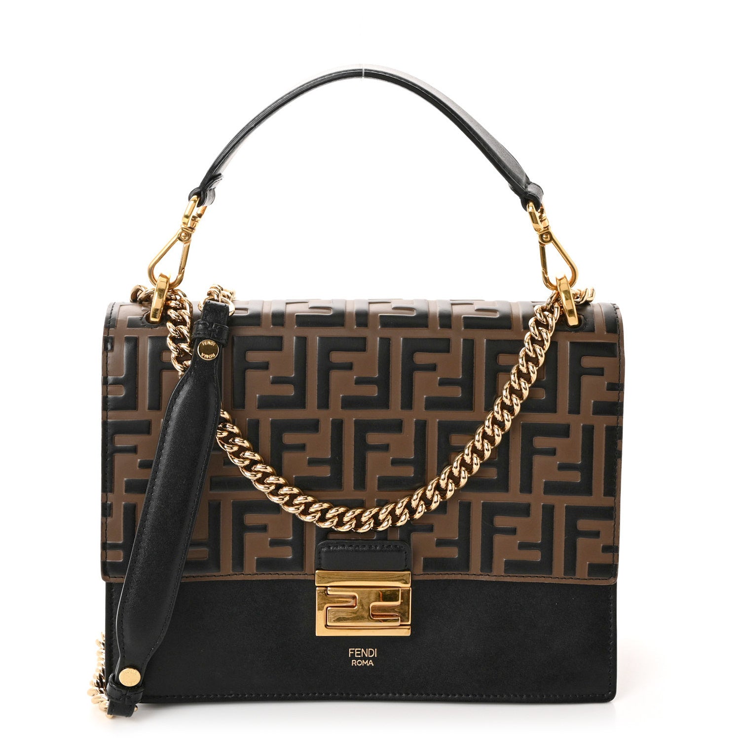 Fendi Vitello Liberty Bi-Color FF 1974 Embossed Chain Strap Kan U Shoulder Bag Black Maya 1 of 10