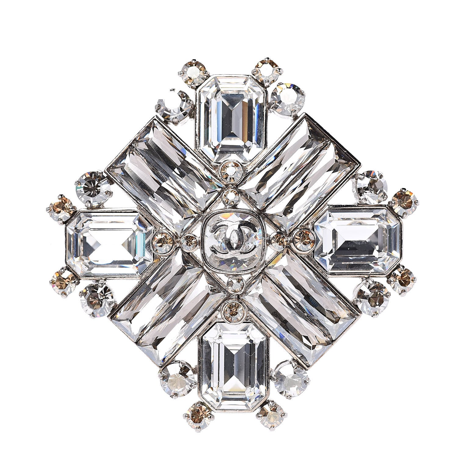 Chanel Swarovski Crystal Baguette Large CC Brooch Silver Gold 1 of 5