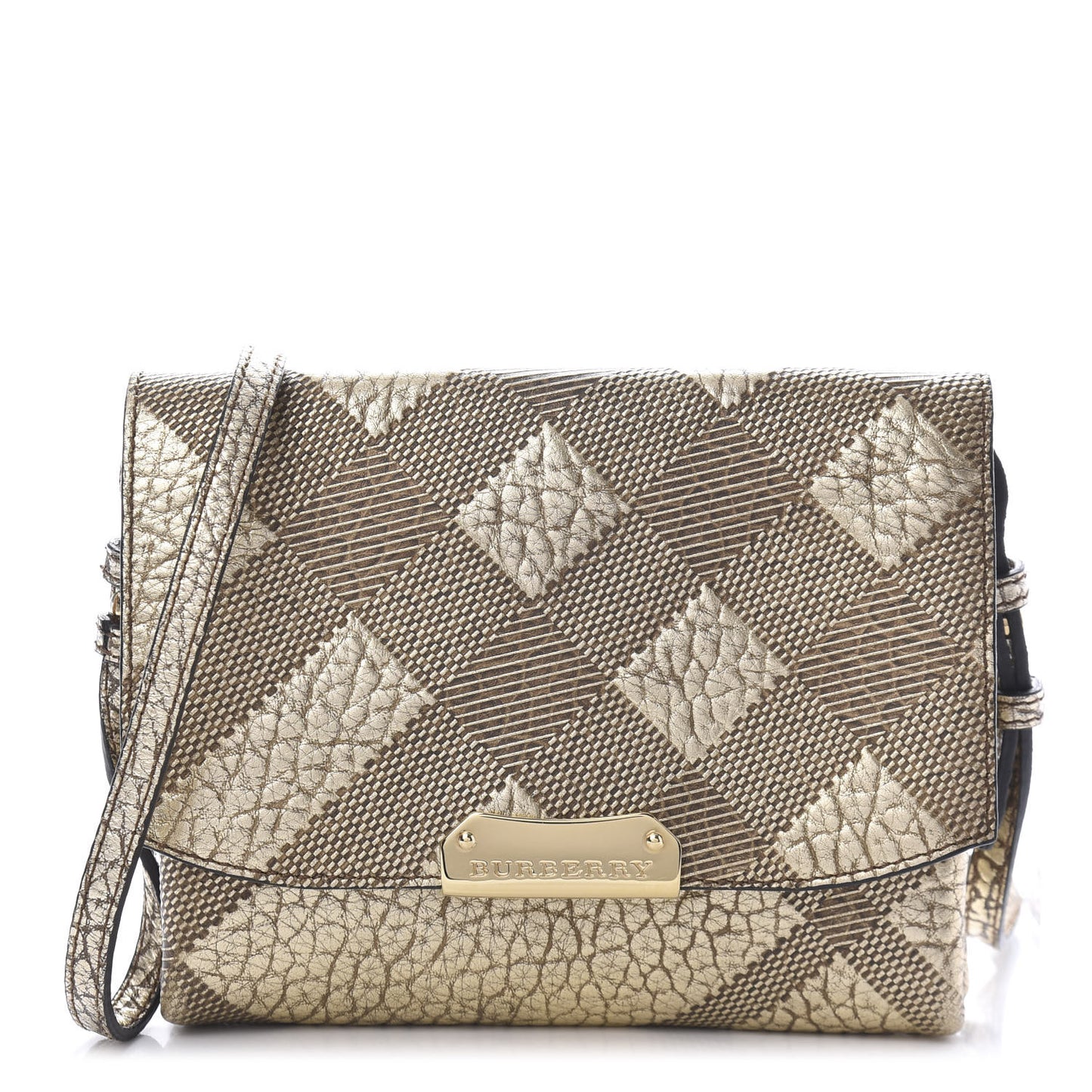 Metallic Signature Grain Calfskin Check Embossed Langley Crossbody Gold