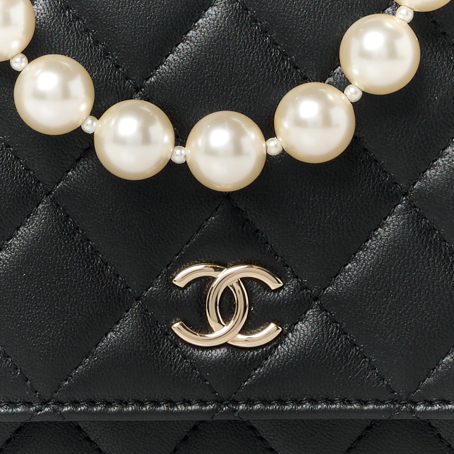 Lambskin Quilted Pearl Wallet On Chain WOC Black