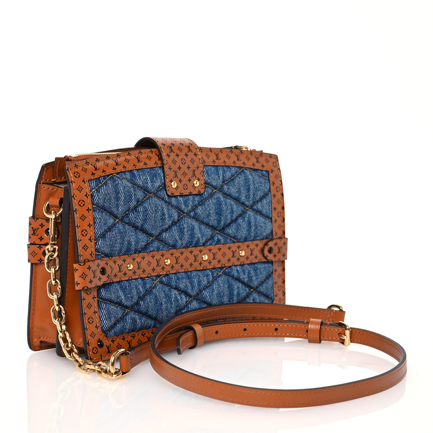 Denim Calfskin Malletage Trunk Clutch Light Blue