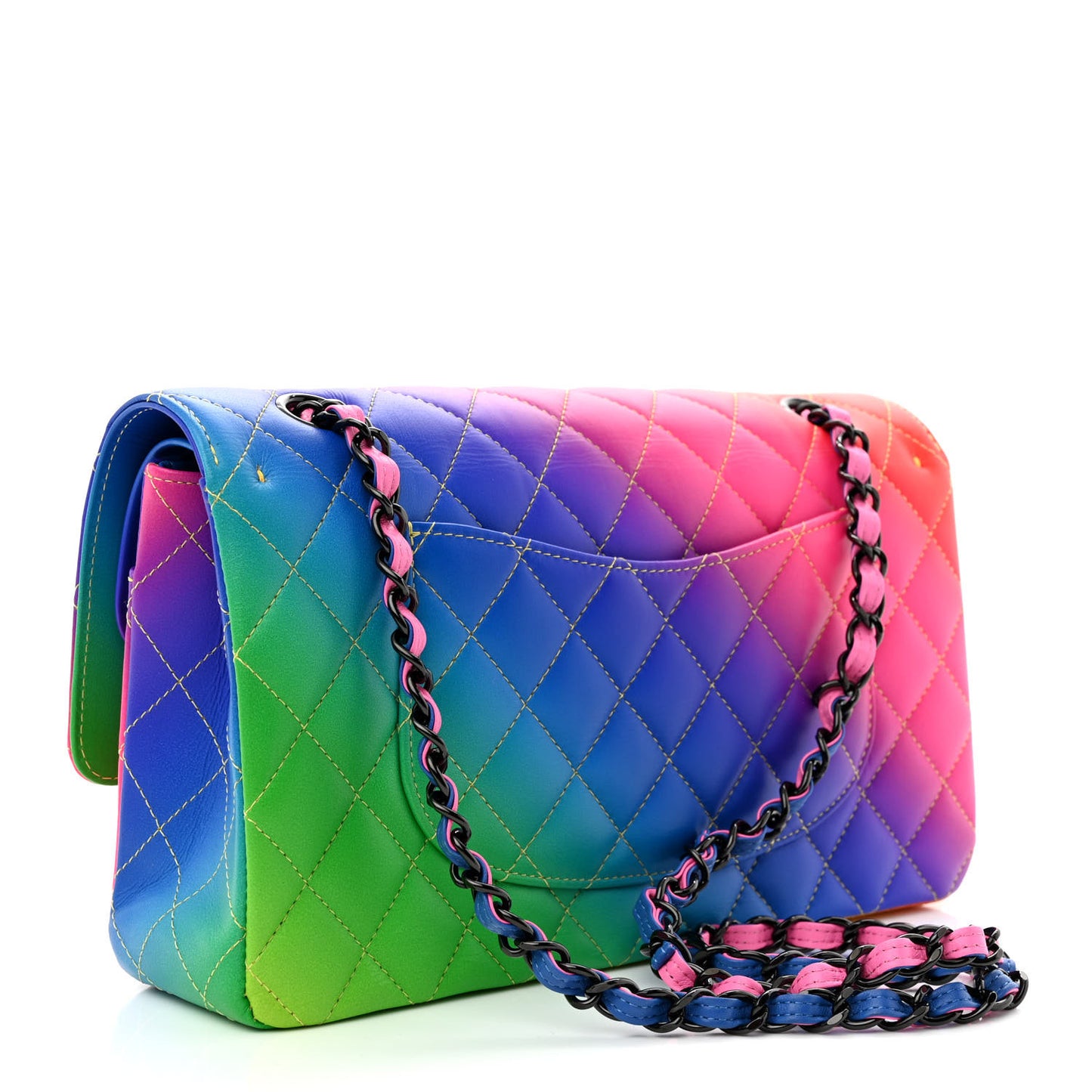 Calfskin Quilted Medium Rainbow Double Flap Multicolor