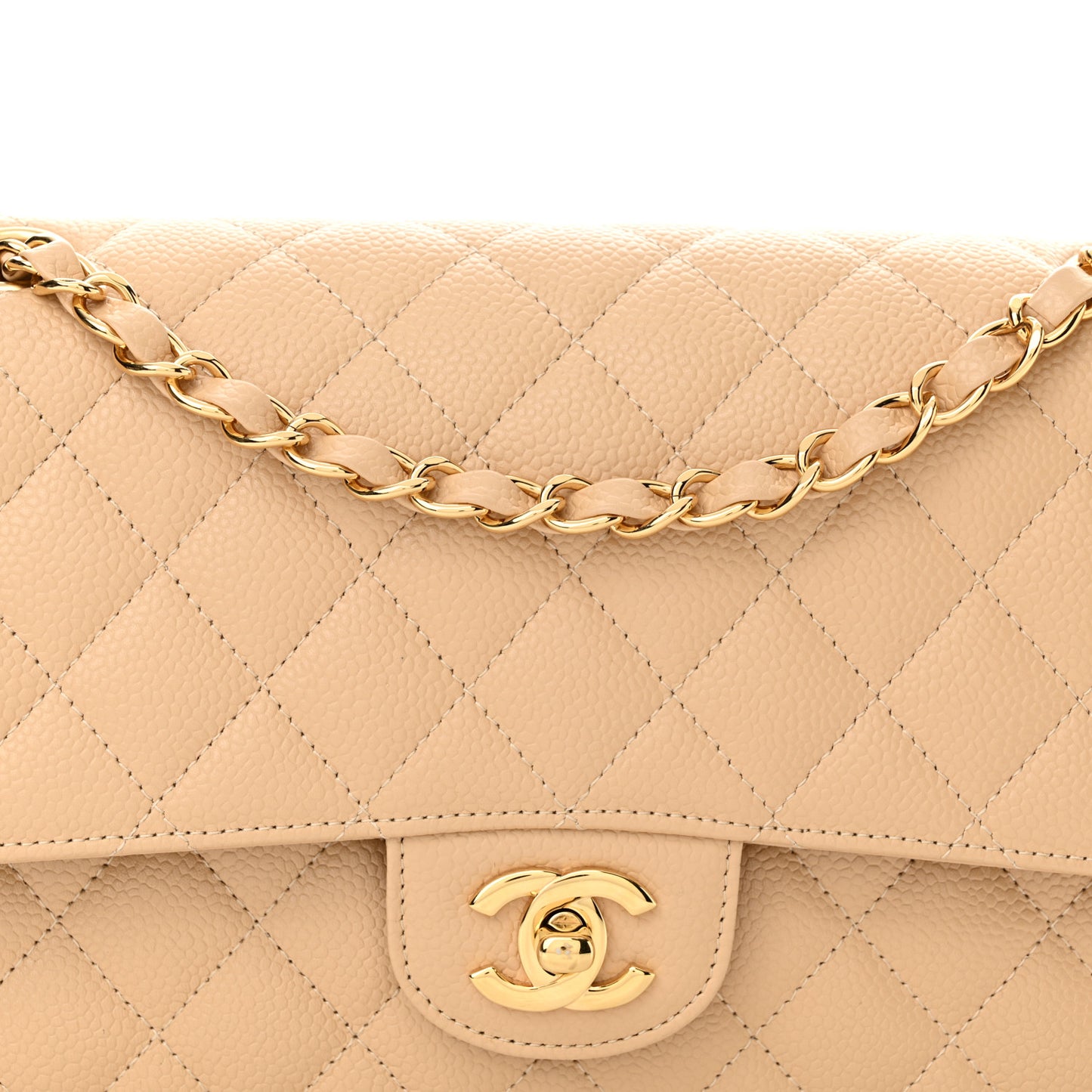 Caviar Quilted Medium Double Flap Beige