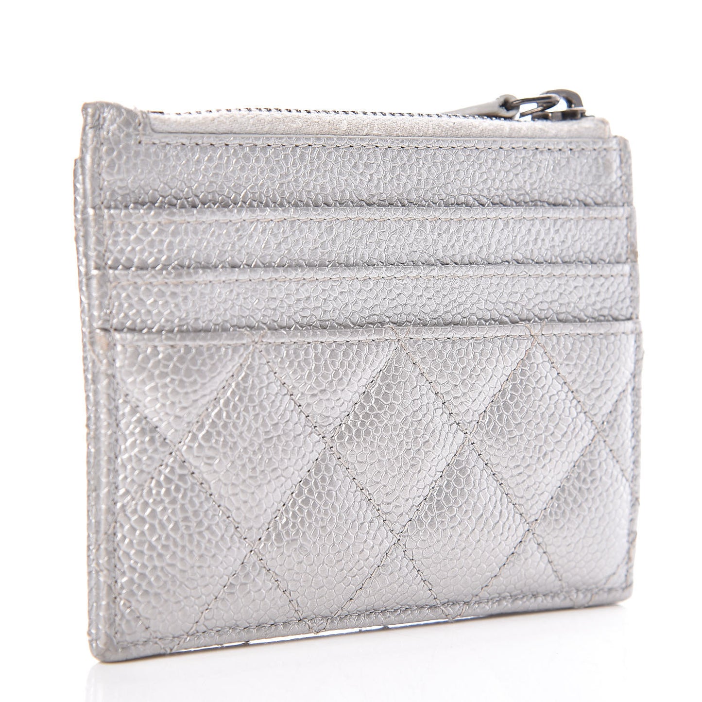 Metallic Caviar Quilted CC Zip Card Holder Silver