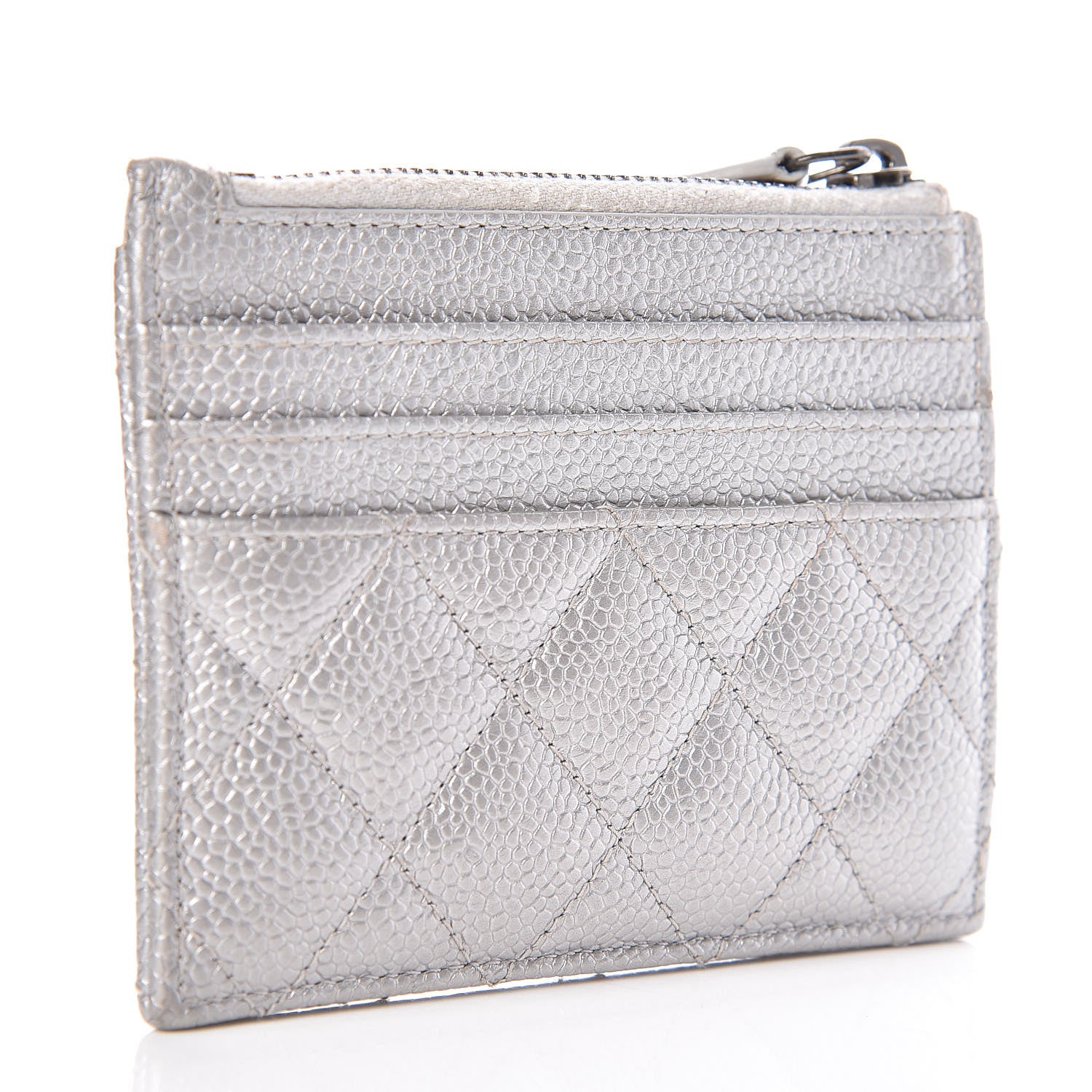 Chanel Metallic Caviar Quilted CC Zip Card Holder Silver 3 of 12
