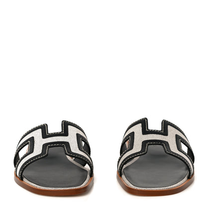 Hermes Calfskin Canvas Oran Sandals 37.5 Black 2 of 10
