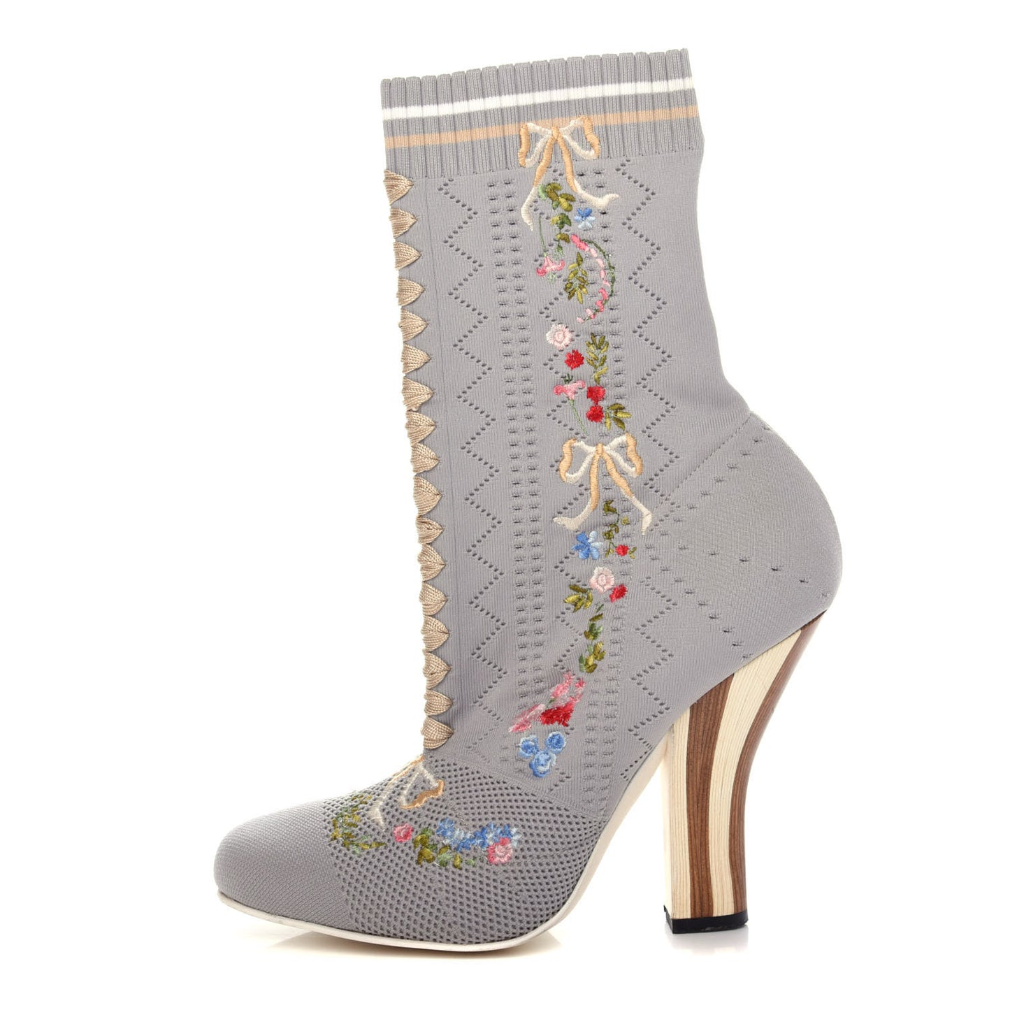 Stretch Fabric Floral Embroidered Openwork Rockoko 105mm Sock Boots 40 Gray