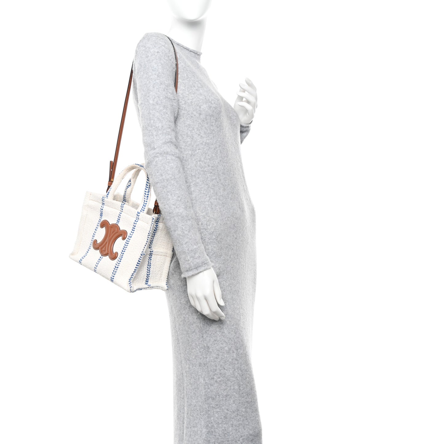 Canvas Calfskin Stripe Triomphe Small Cabas Thais White Blue