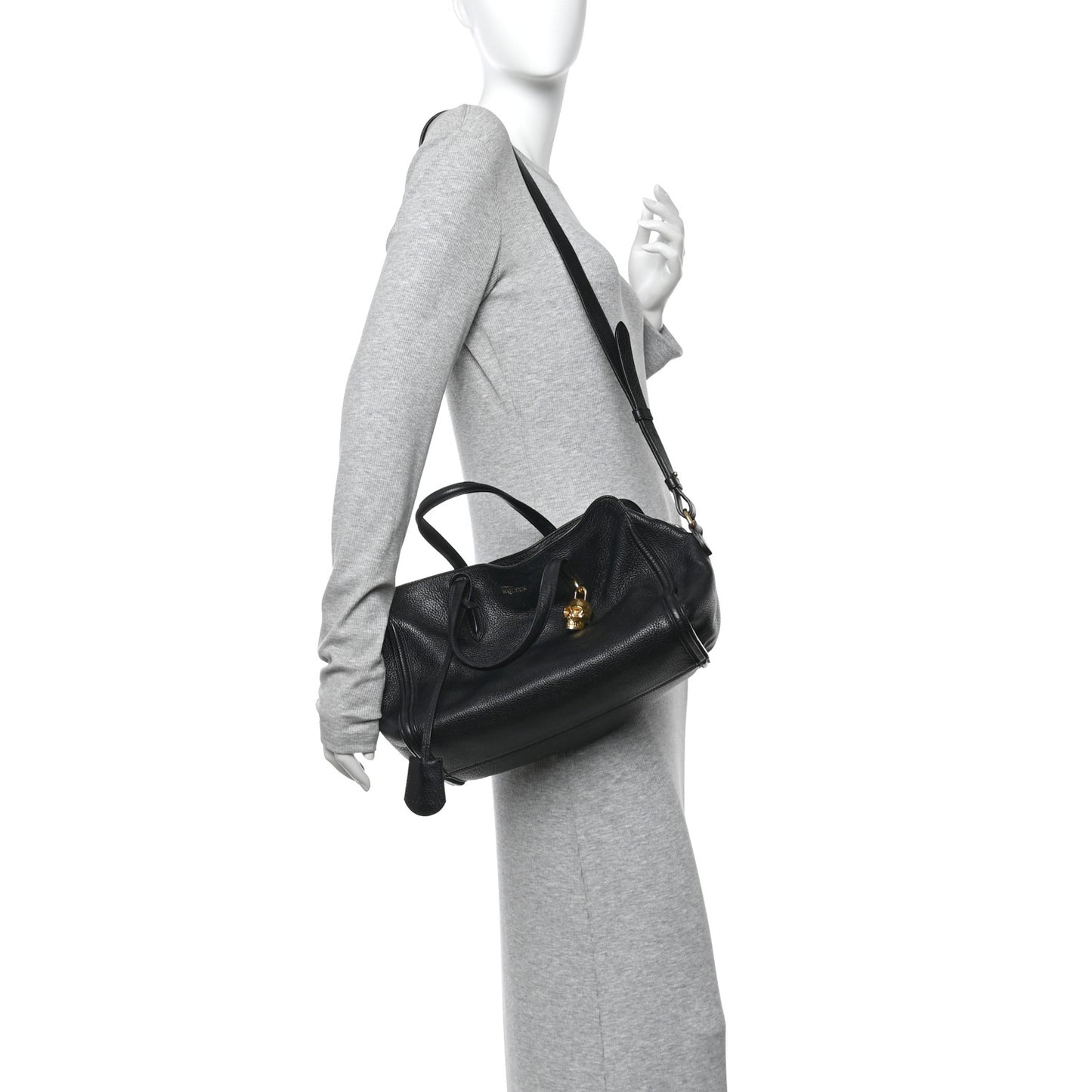 Pebbled Calfskin Small Skull Padlock Zip Around Tote Black