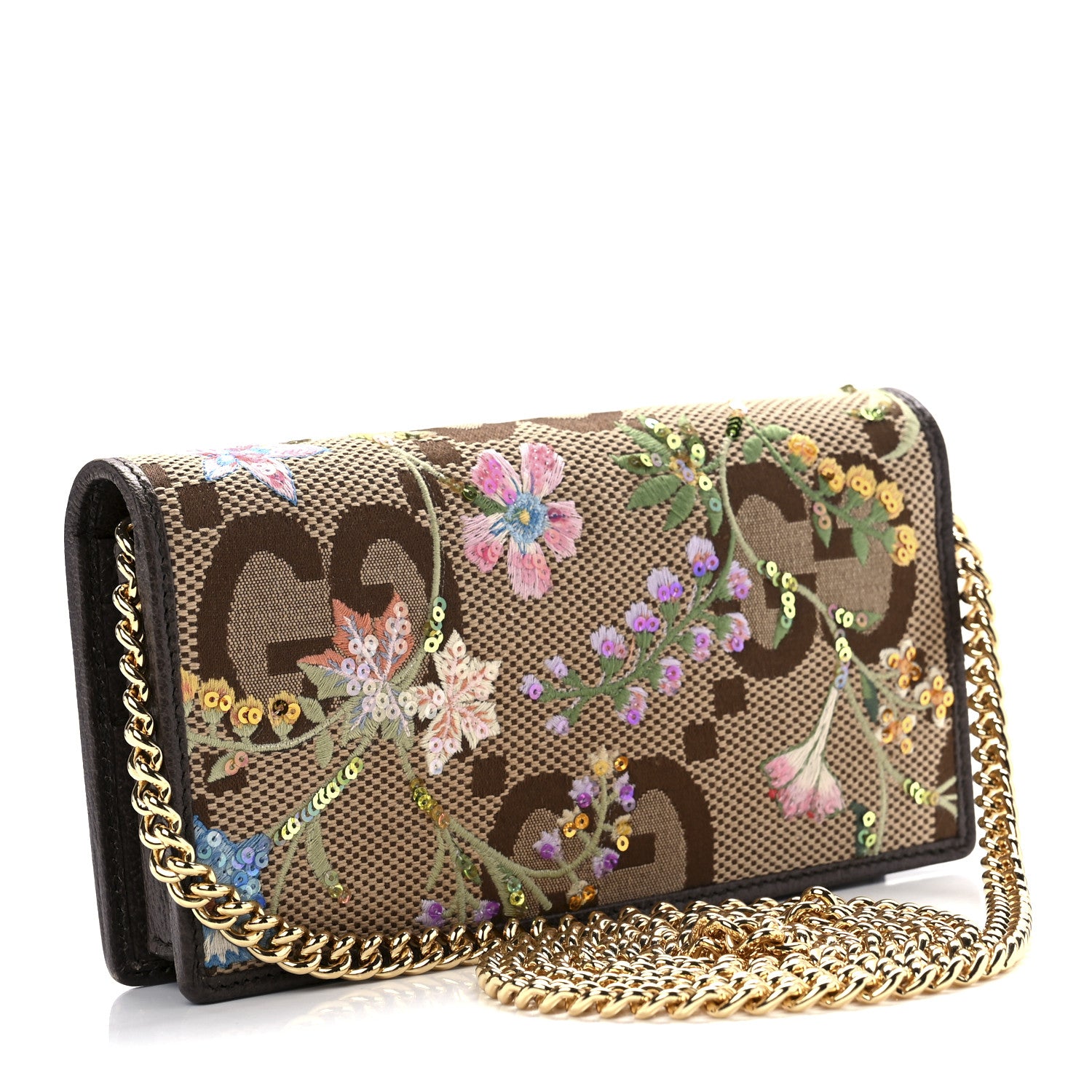 Gucci Monogram Jumbo GG Textured Dollar Calfskin Embroidered Horsebit 1955 Wallet On Chain Camel Ebony New Acero Multicolor 2 of 8