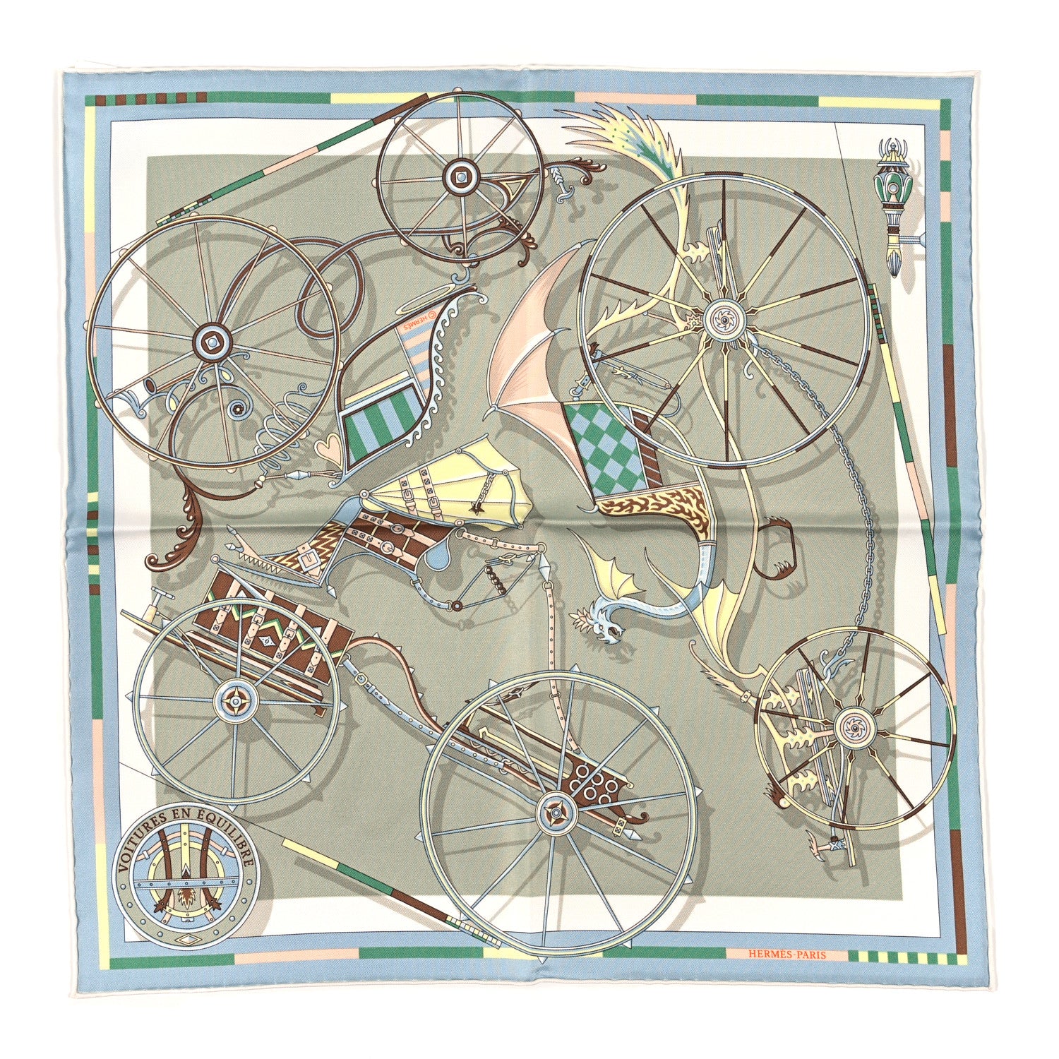 Hermes Silk Voitures en Equilibre Scarf 45 Vert Amande Bleu Glacier Jaune 1 of 3