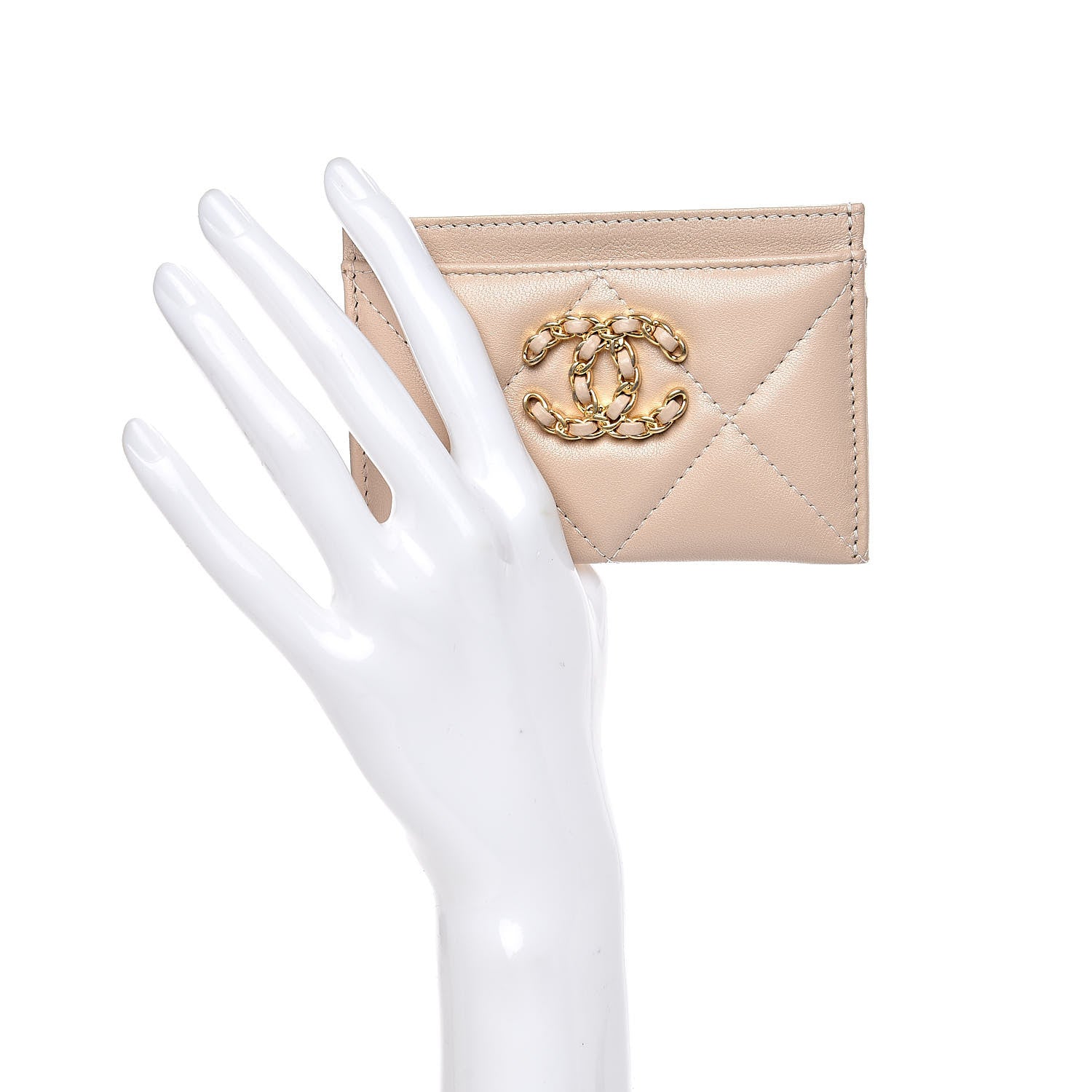 Chanel Shiny Goatskin Quilted Chanel 19 Card Holder Beige 2 of 10