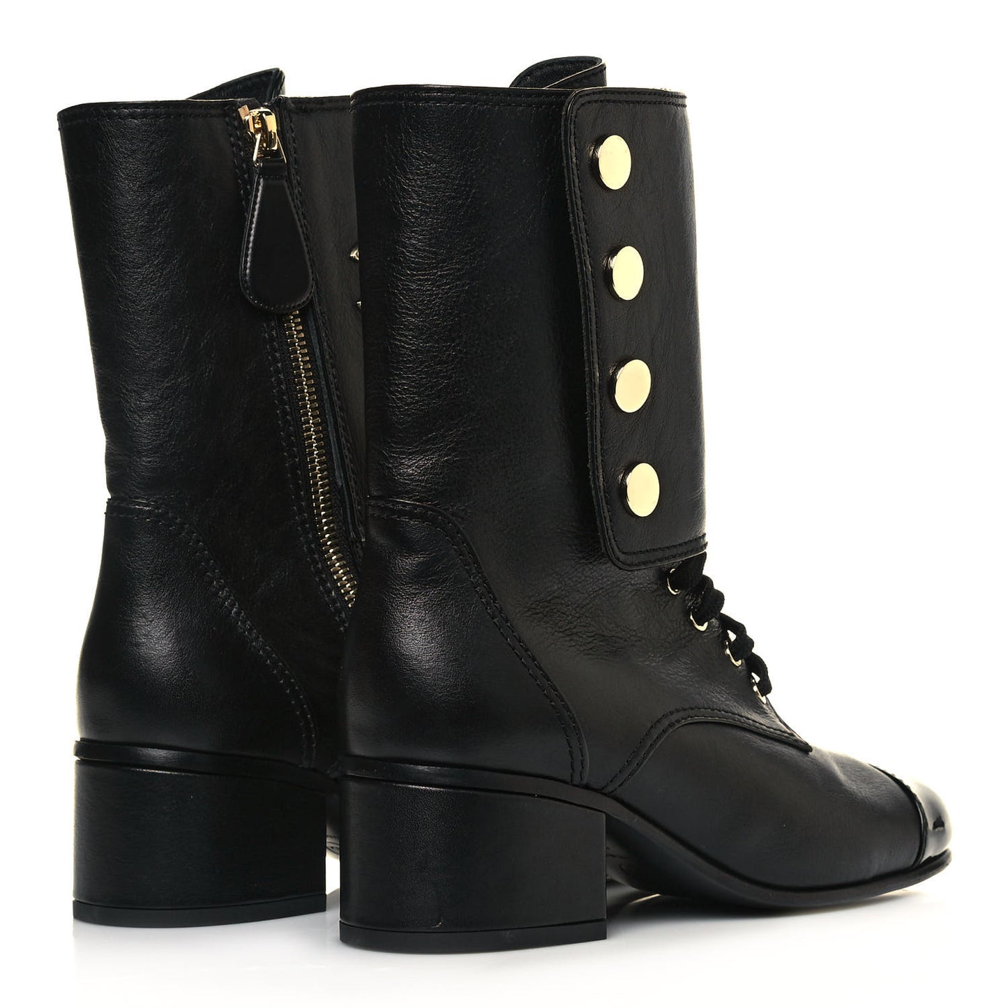 Calfskin Patent Cap Toe Boots 36.5 Black