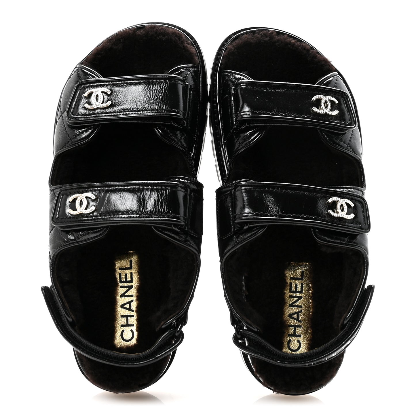 Laminated Lambskin Shearling Crystal CC Velcro Dad Platform Sandals 37 Black