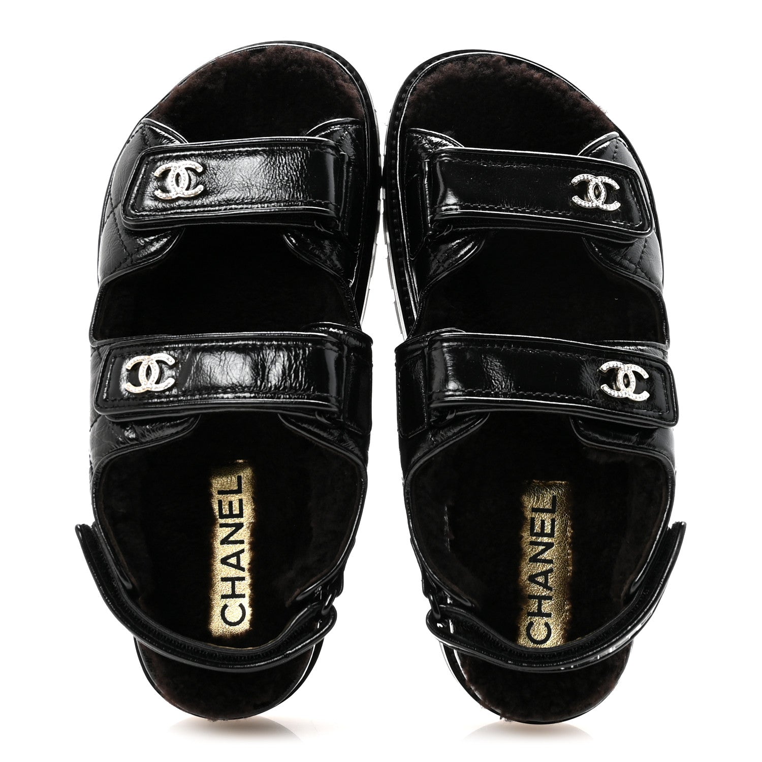 Chanel Laminated Lambskin Shearling Crystal CC Velcro Dad Platform Sandals 37 Black 2 of 10