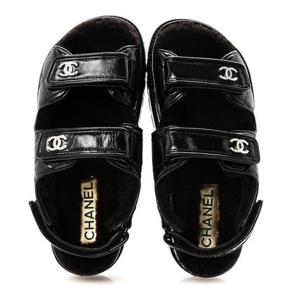Chanel Laminated Lambskin Shearling Crystal CC Velcro Dad Platform Sandals 37 Black 2 of 10
