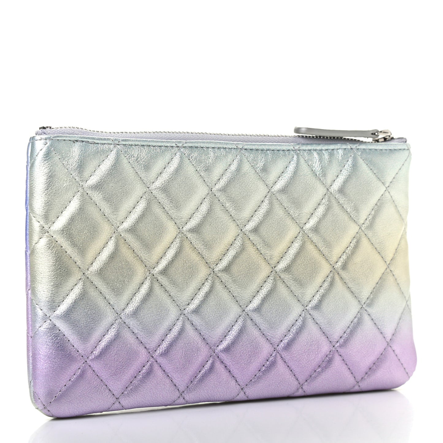Gradient Metallic Calfskin Quilted Cosmetic Case Silver Blue Yellow Purple