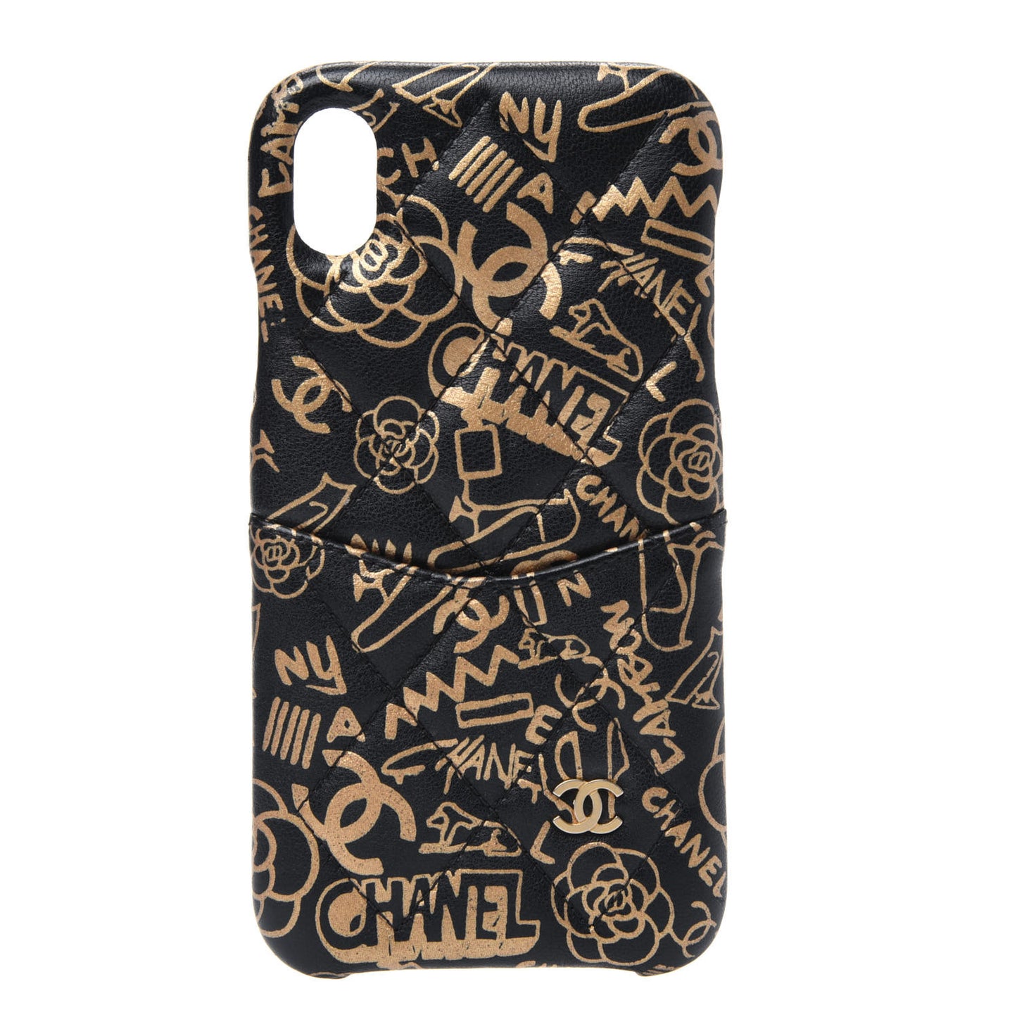 Lambskin Quilted iPhone XR Coco Tech Egyptian Graffiti Case Black Gold
