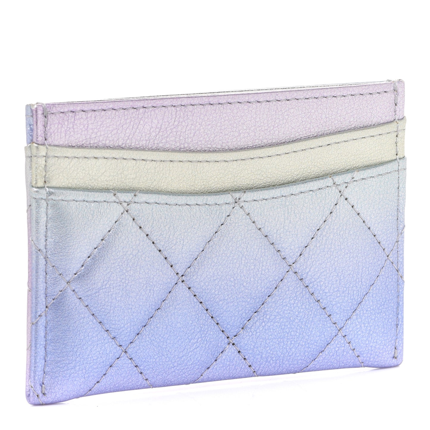 Gradient Metallic Calfskin Quilted Card Holder Silver Blue Yellow Purple