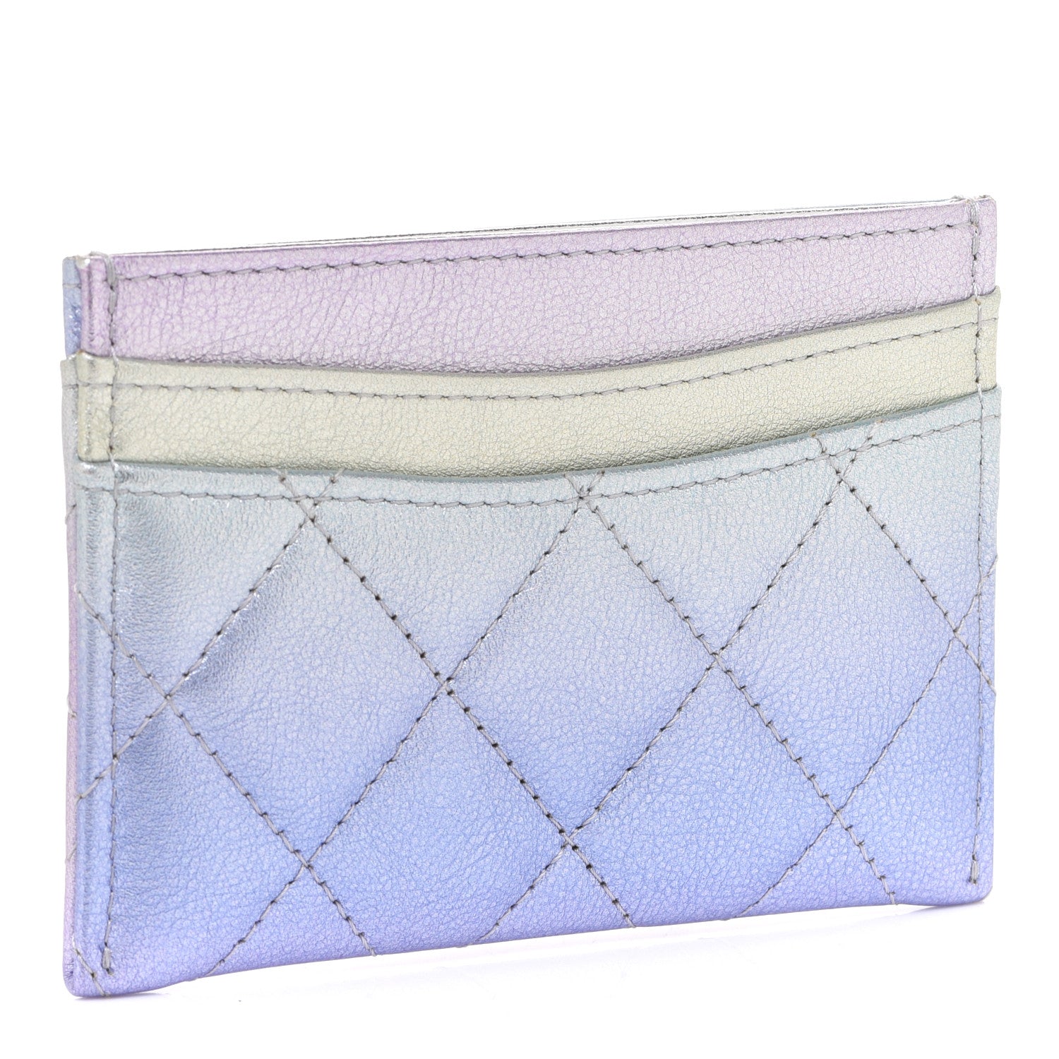 Chanel Gradient Metallic Calfskin Quilted Card Holder Silver Blue Yellow Purple 3 of 9