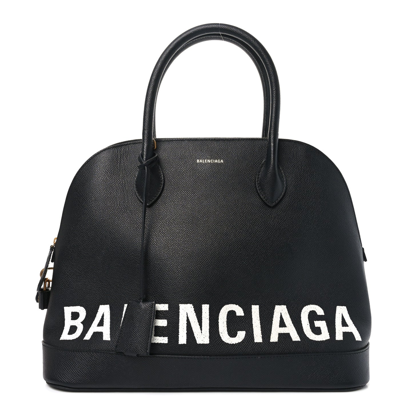 Signature Grained Calfskin Logo M Ville Top Handle Bag Black