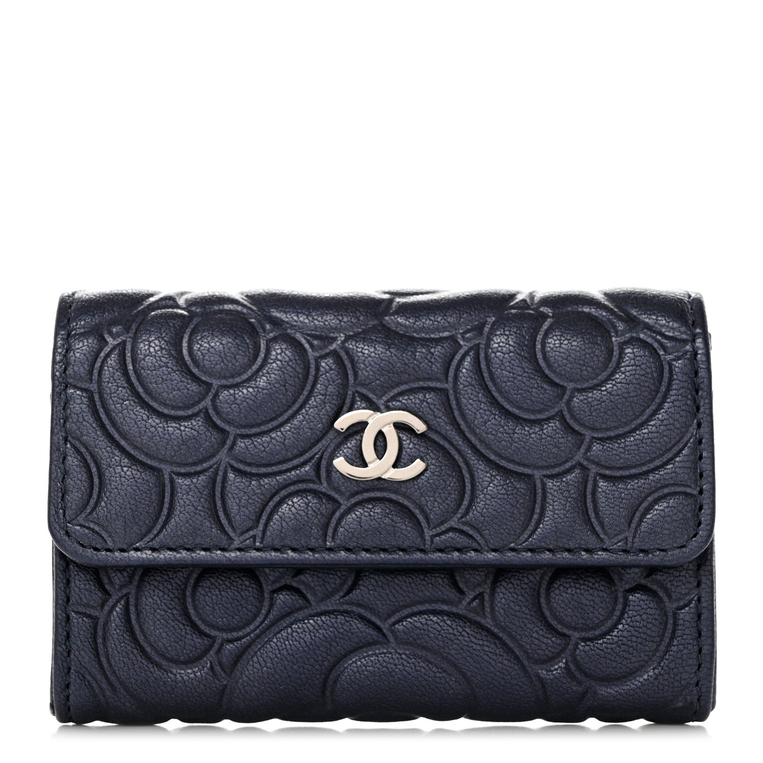Chanel Goatskin Camellia Embossed Flap Card Holder Wallet Dark Blue 1 of 7
