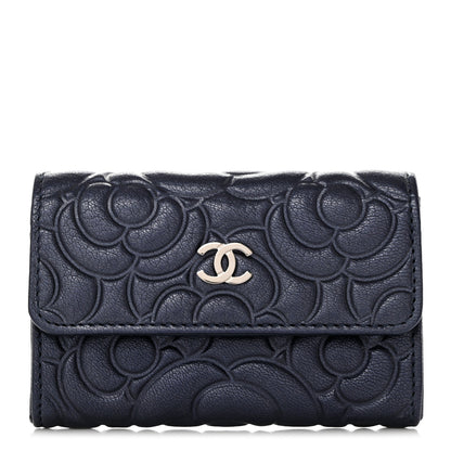 Chanel Goatskin Camellia Embossed Flap Card Holder Wallet Dark Blue 1 of 7