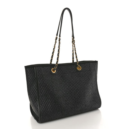 Chanel Straw Raffia Calfskin Chain Small Deauville Tote Black 3 of 12