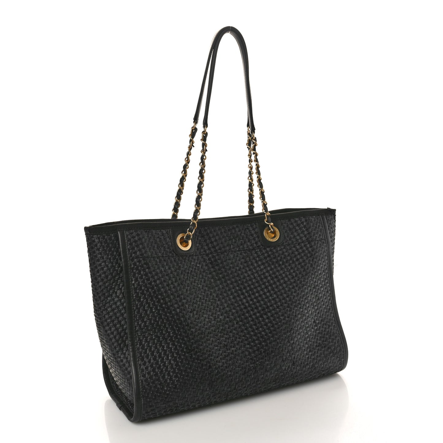 Straw Raffia Calfskin Chain Small Deauville Tote Black