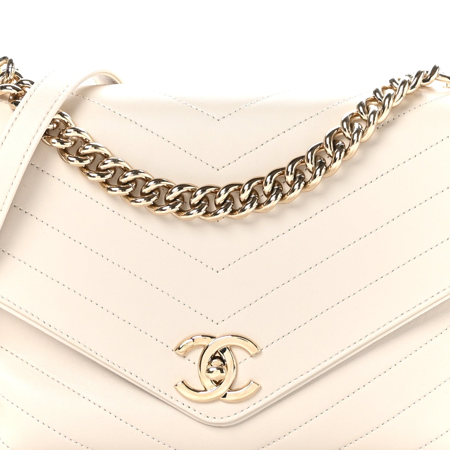 Calfskin Chevron Stitched Medium Coco Flap Bag White