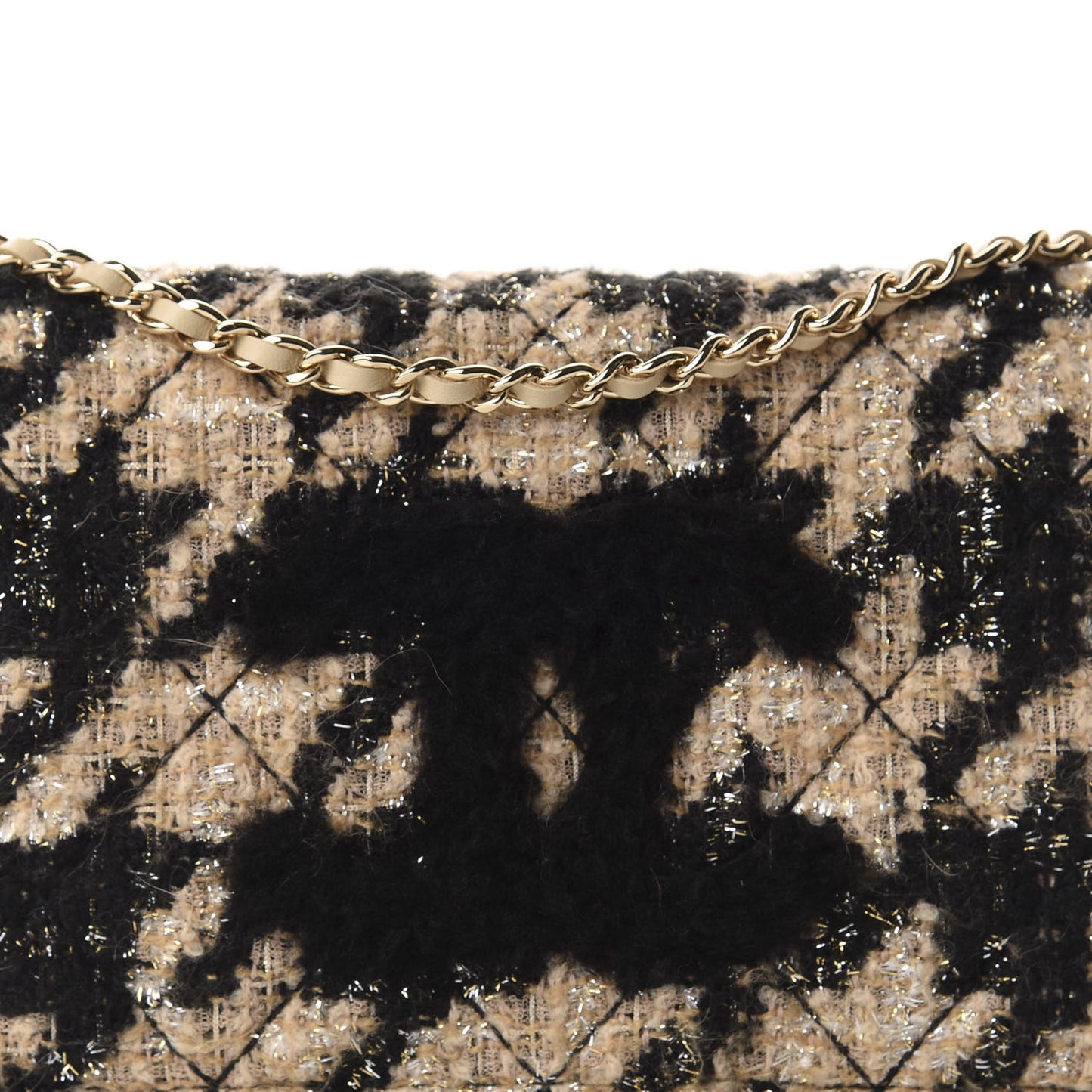 Tweed Shearling Quilted Wallet On Chain WOC Beige Black