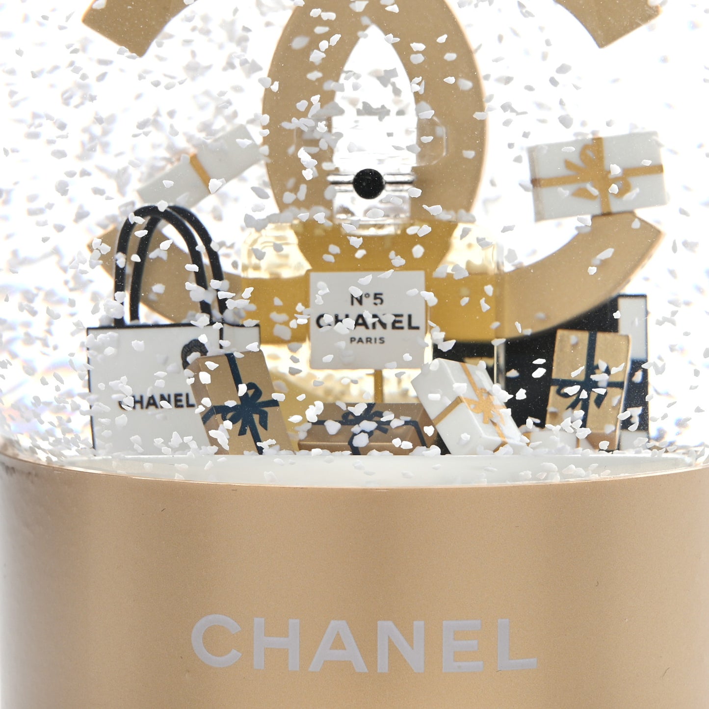 Glass CC Shopping Bag Snow Globe Gold