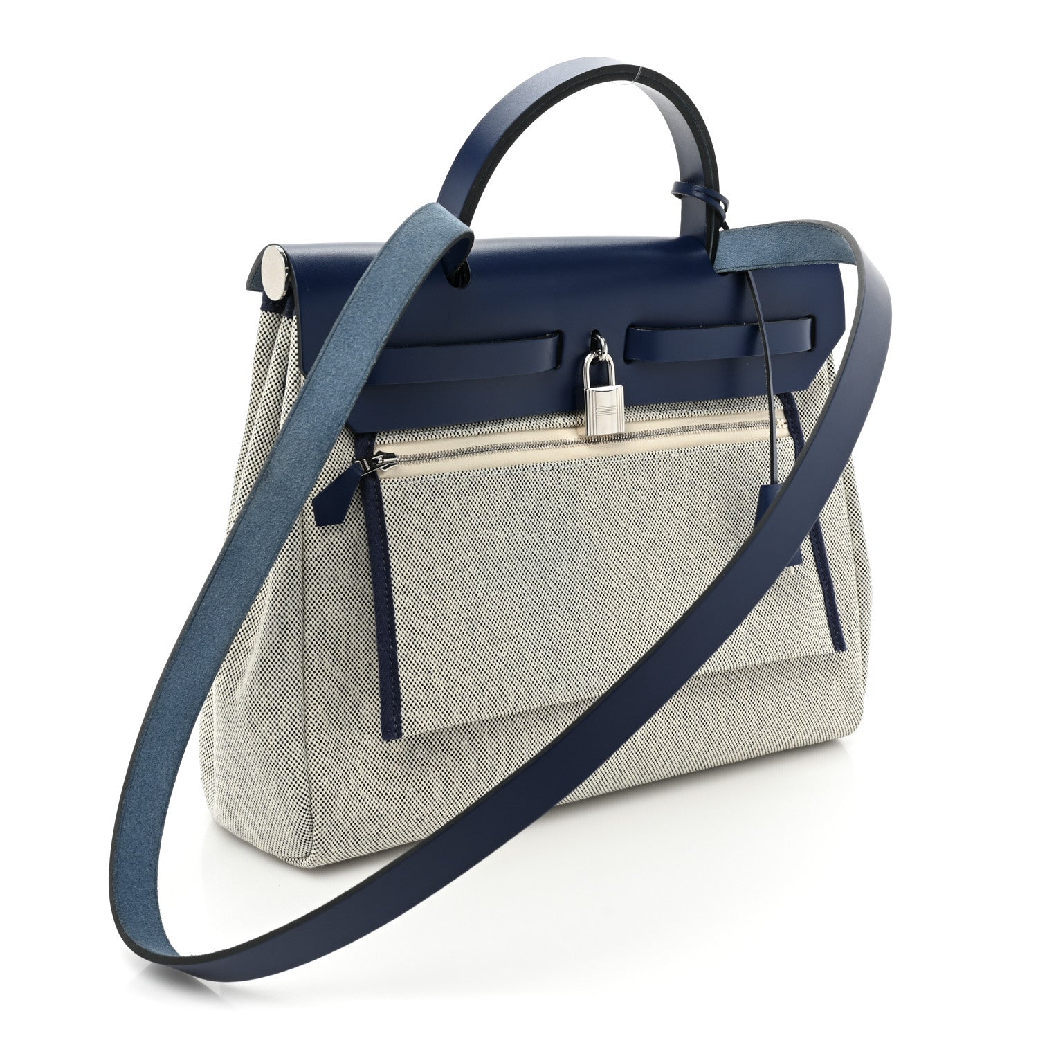 Hermes Vache Hunter Toile H Brides de Gala Herbag Zip Retourne 31 PM Bleu De France Ecru Black 4 of 11