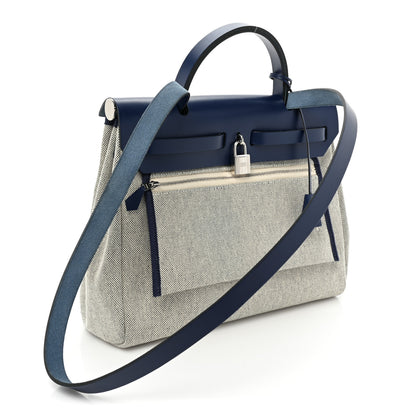 Hermes Vache Hunter Toile H Brides de Gala Herbag Zip Retourne 31 PM Bleu De France Ecru Black 4 of 11