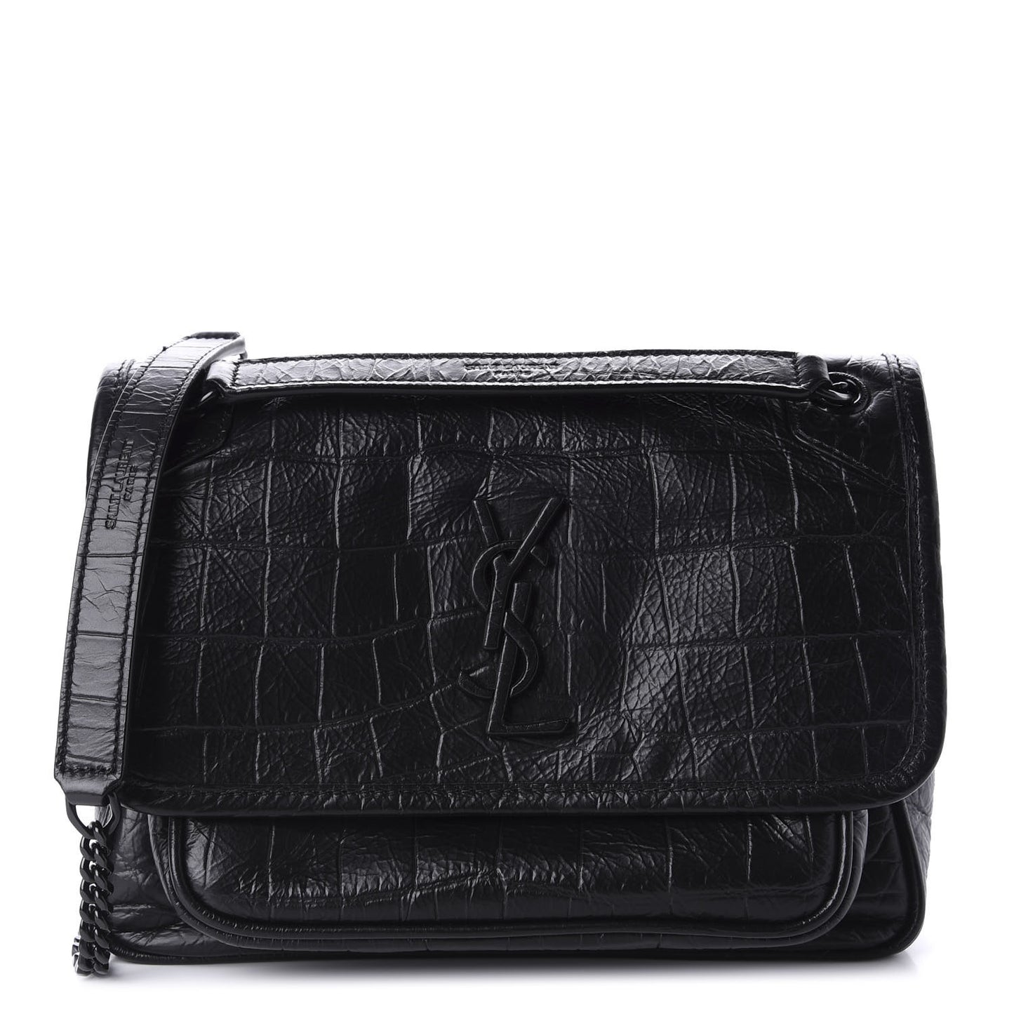 Calfskin Crocodile Embossed Matelasse Monogram Baby Niki Chain Satchel Black