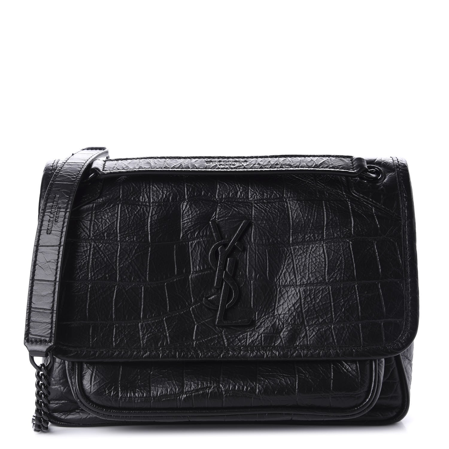 Saint Laurent Calfskin Crocodile Embossed Matelasse Monogram Baby Niki Chain Satchel Black 1 of 11