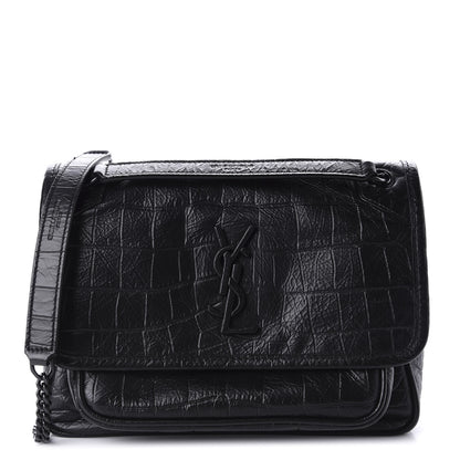 Saint Laurent Calfskin Crocodile Embossed Matelasse Monogram Baby Niki Chain Satchel Black 1 of 11