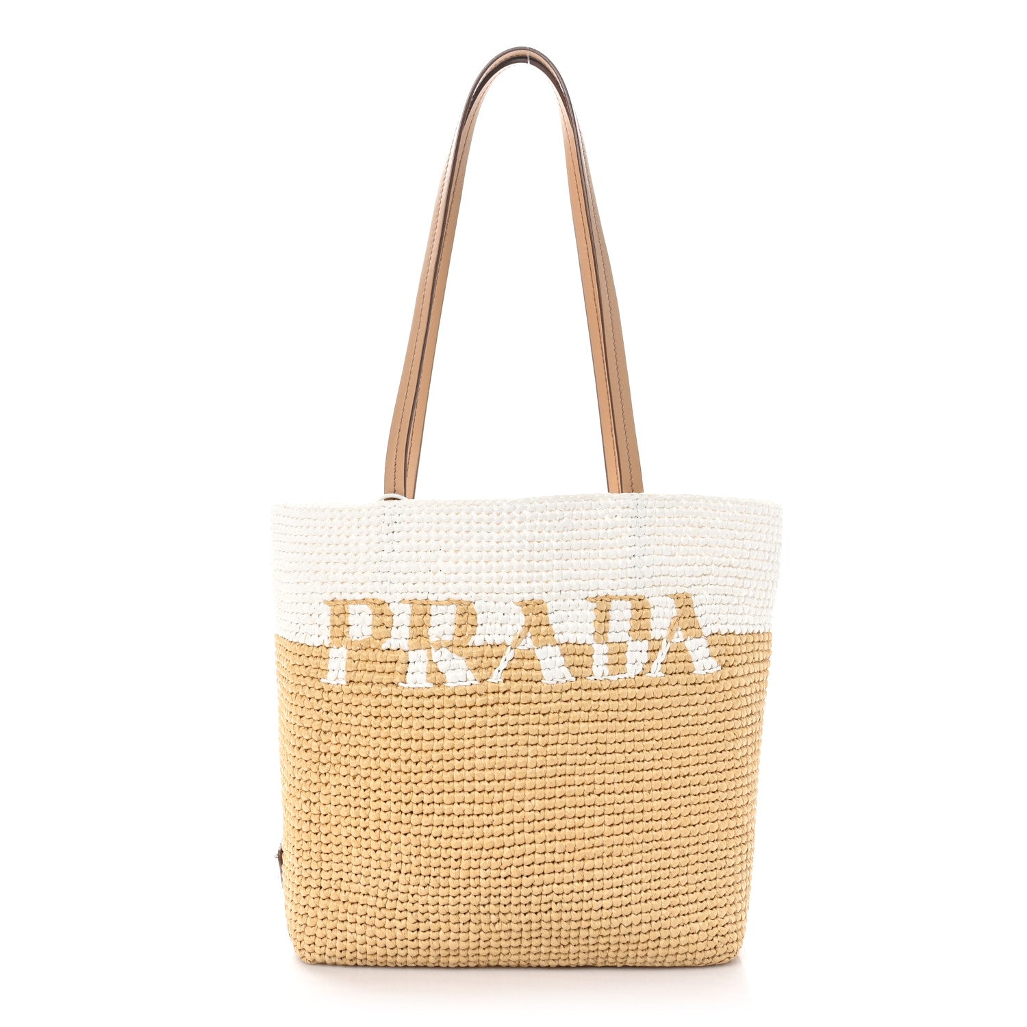 Prada Yarn Raffia Effect Crochet Vitello Logo Shopping Tote Naturale White 1 of 9