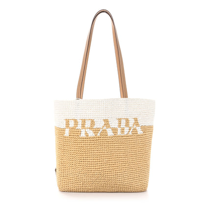 Prada Yarn Raffia Effect Crochet Vitello Logo Shopping Tote Naturale White 1 of 9