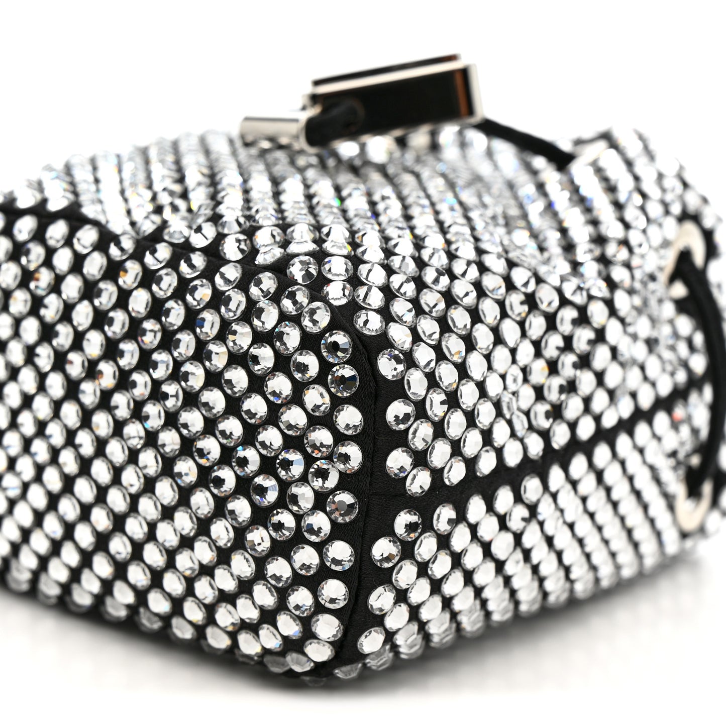 Satin Crystal Metal Triangle Logo Mini Drawcord Pouch Shoulder Bag Crystal
