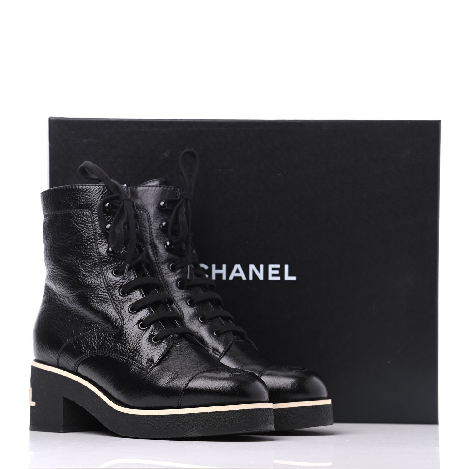 Chanel Shiny Crumpled Lambskin Lace Up Boots 39 Black 10 of 10