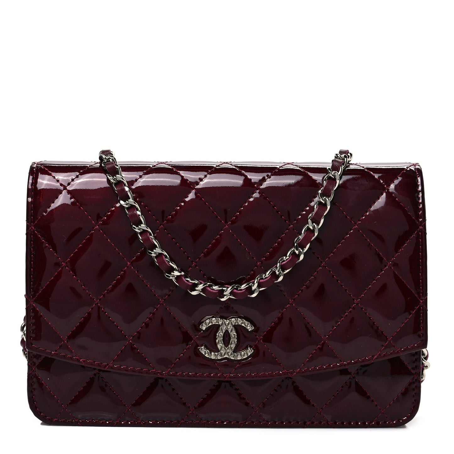 Patent Quilted Brilliant Wallet On Chain WOC Light Burgundy