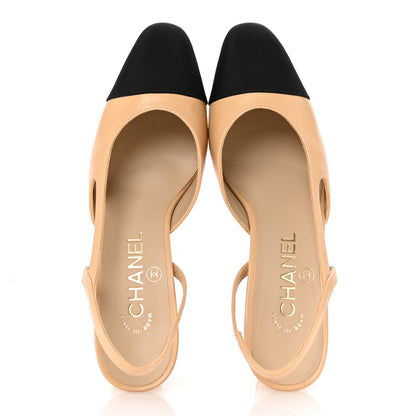 Chanel Goatskin Grosgrain Cap Toe CC Slingback Pumps 36 Beige Black 2 of 13