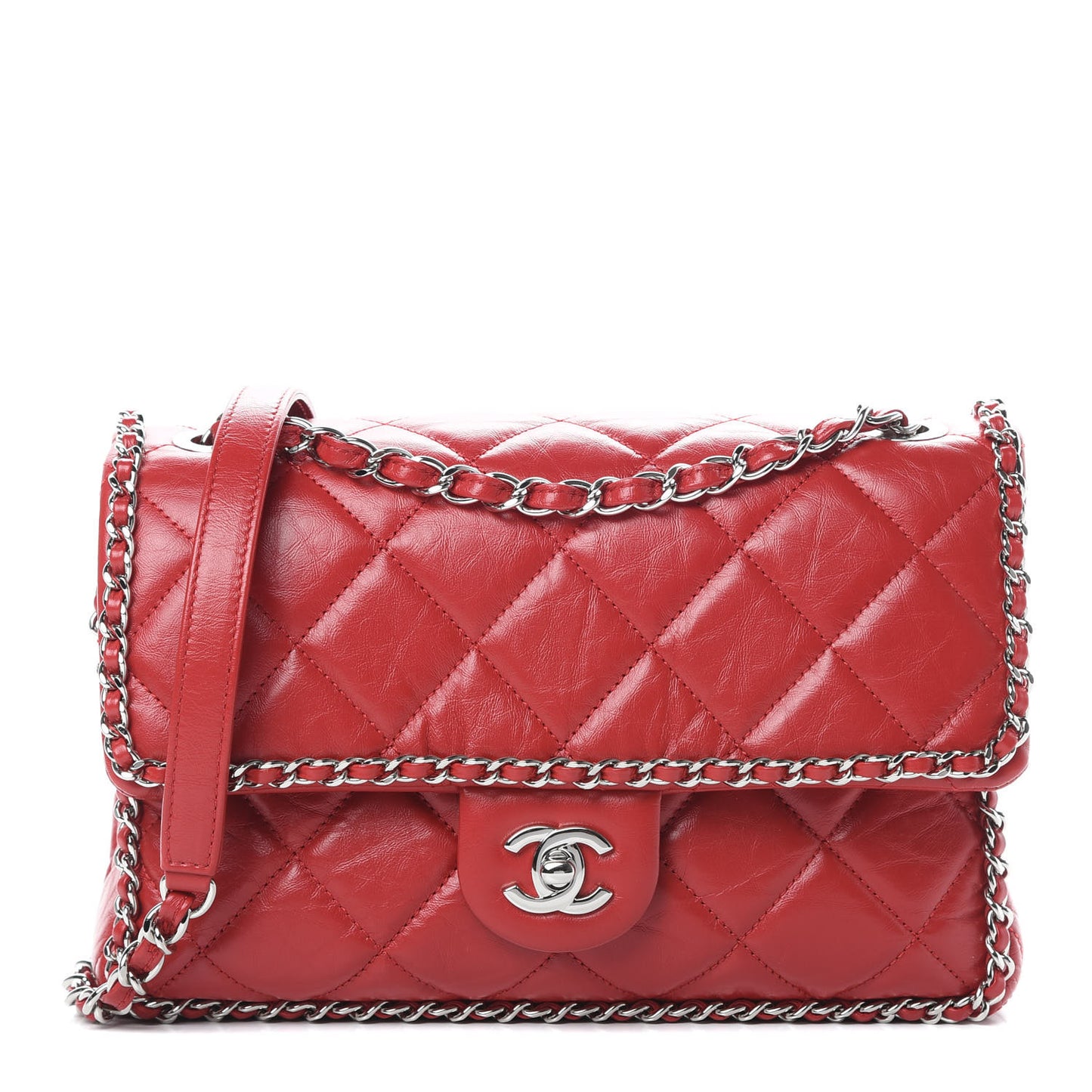 Crumpled Calfskin Medium Chain All Over Flap Red