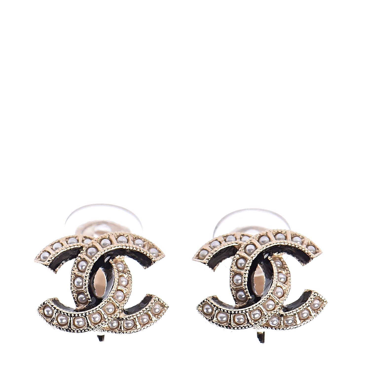 Chanel Metal Pearl Enamel CC Clip On Earrings Gold Black 1 of 5