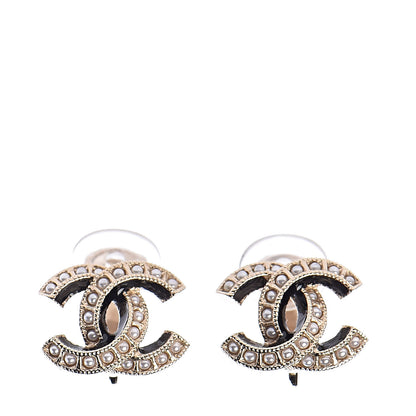 Chanel Metal Pearl Enamel CC Clip On Earrings Gold Black 1 of 5