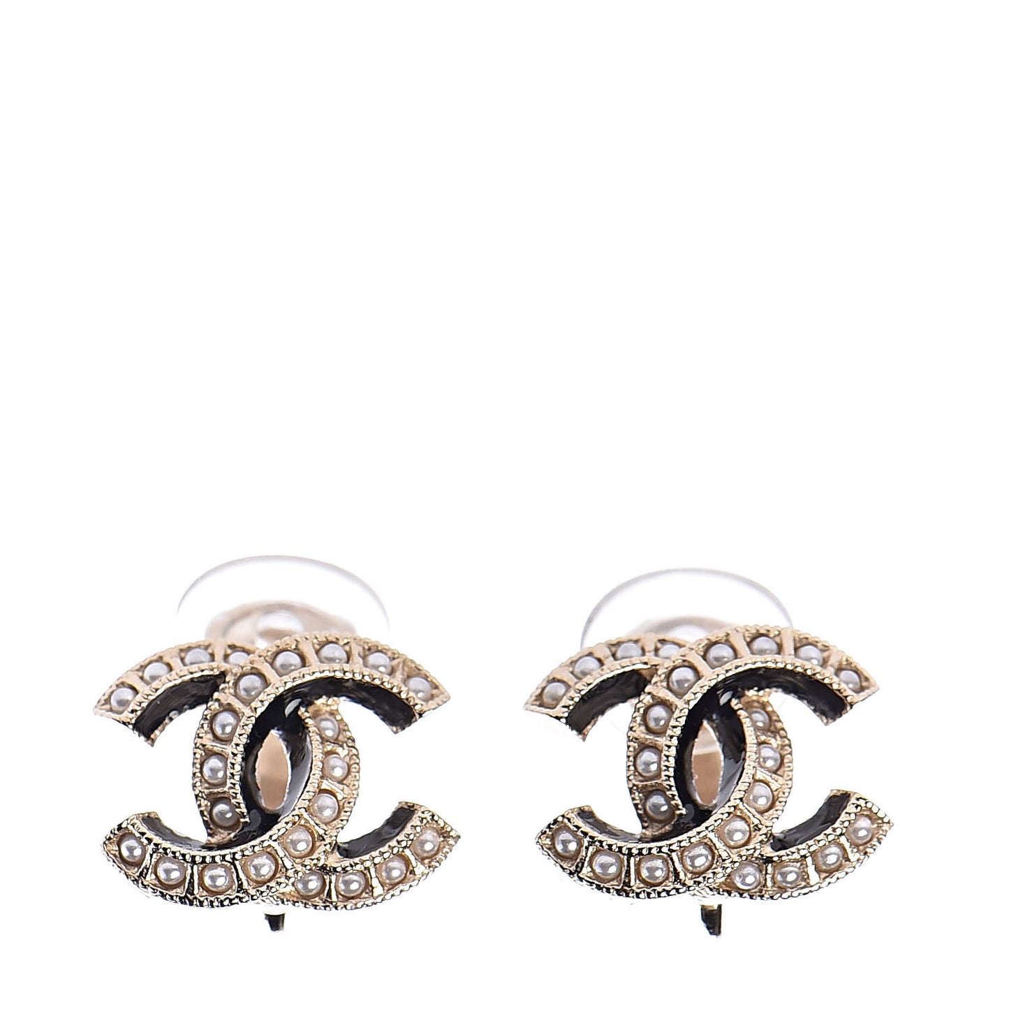 Metal Pearl Enamel CC Clip On Earrings Gold Black