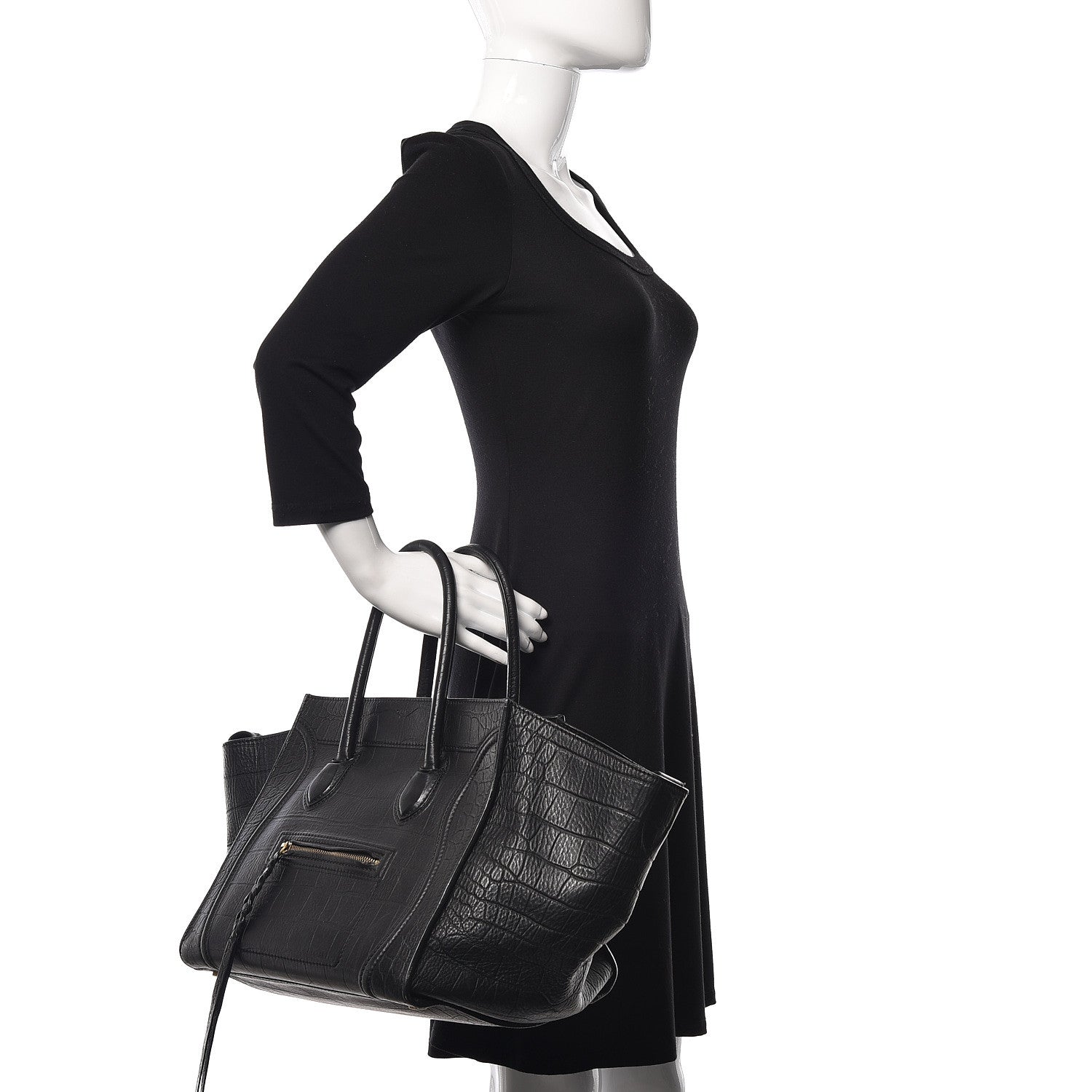 Celine Crocodile Embossed Calfskin Medium Phantom Luggage Black 2 of 19